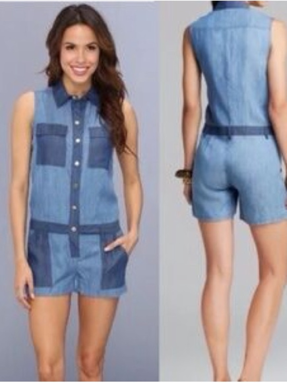 Michael Kors Sleeveless Two-Tone Denim Patchwork Utility Romper